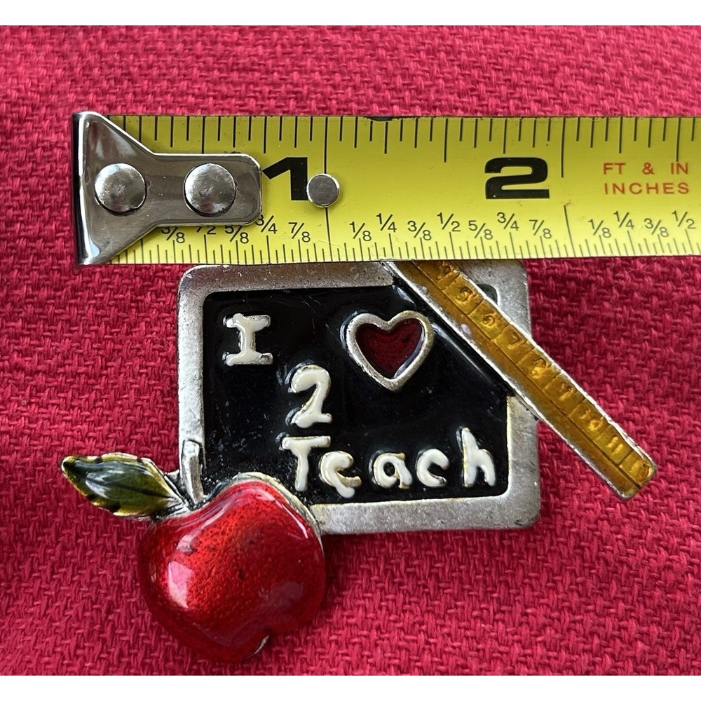 Vintage Lucite Over Enamel "I Love To Teach" Brooch Pin w/Apple Blackboard Ruler - Picture 4 of 4